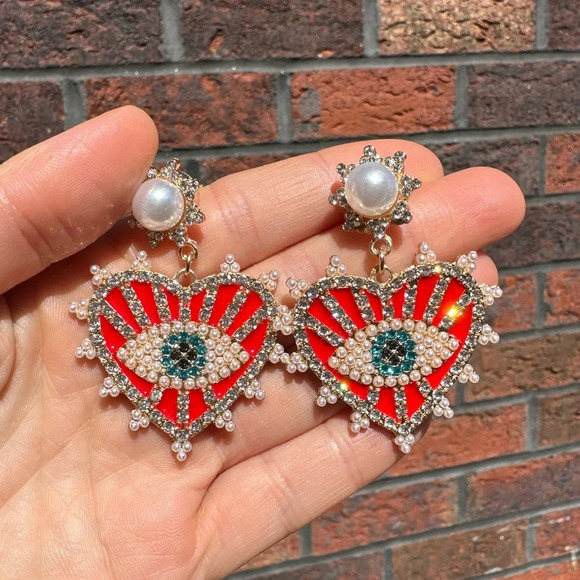 Anthropologie Red Evil Eye Protection Heart Crystal Earrings - Picture 6 of 12